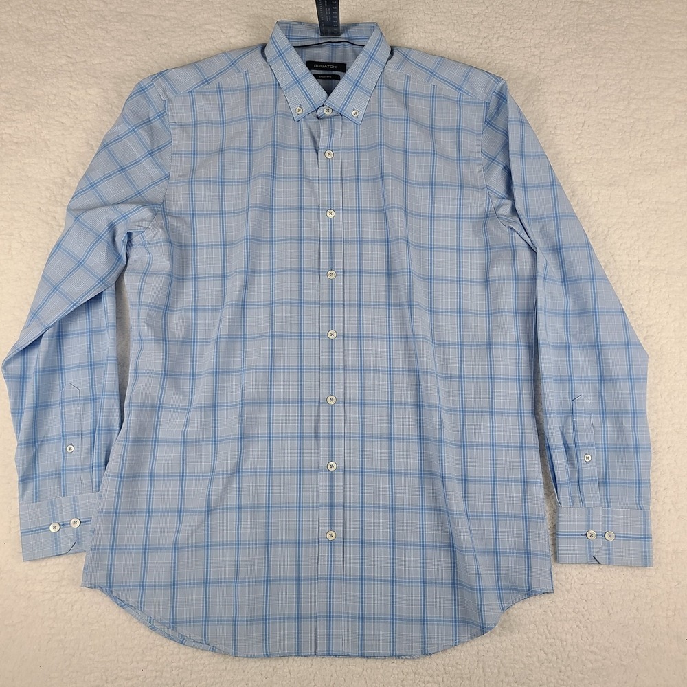 Bugatchi Dress Shirt Mens XL Blue White Plaid Shaped Fit Performance Button Up